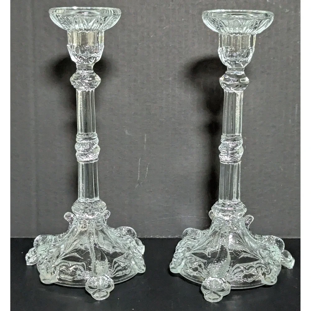 Vtg Clear European Pressed-Glass Koi Fish/Dolphin-Footed Candlesticks (Pair)